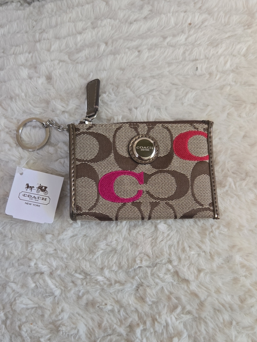 Coach Beige Signature Canvas Key & Card Holder with Pink Accents NWT